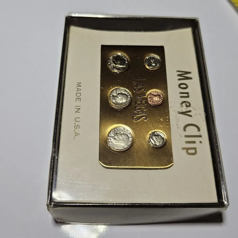 *Sale* Vintage Gold Tone Las Vegas Mini Coin Money Clip IOB